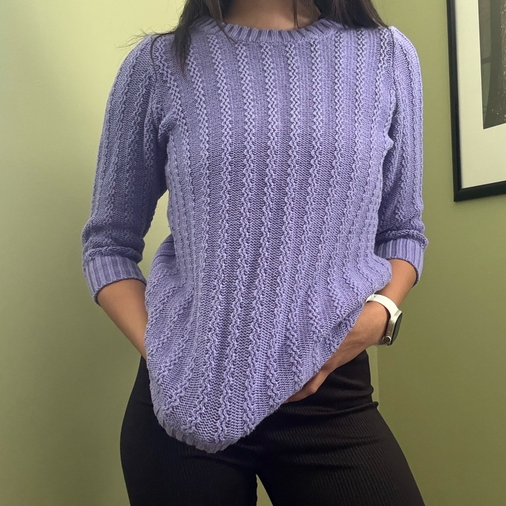 Kim Rogers Purple Crew Neck Sweater with Cable Knit Design